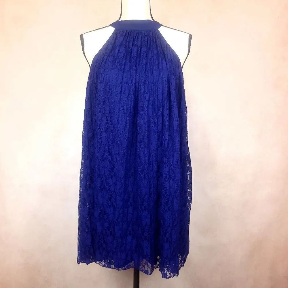 Francesca's Navy Blue High Neck Open Back Pleated Lace Midi Halter Dress Medium